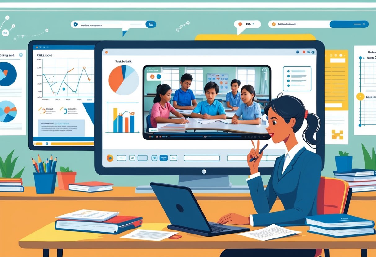 Classroom Videos: How to Transform Learning with Educational Media LearningMole A teacher sitting at a desk using a tablet and laptop to review a paused video of students learning in a classroom.