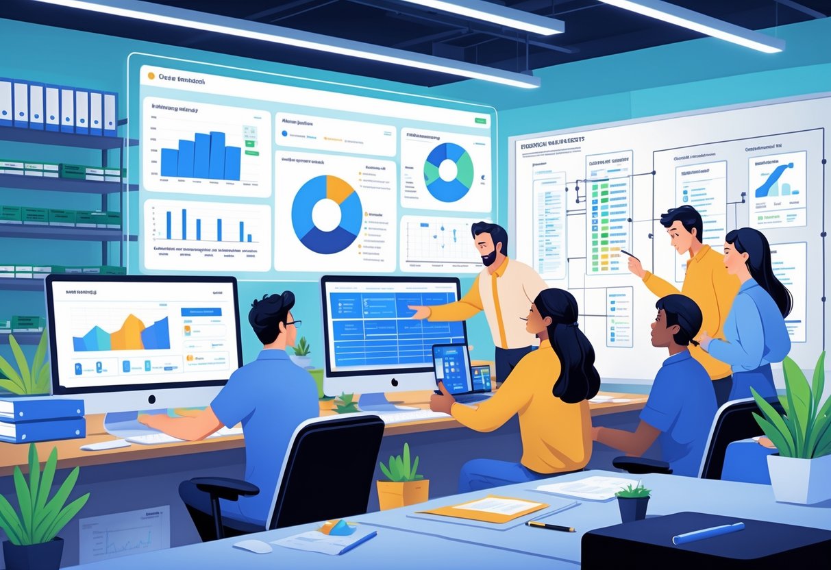 A group of people working together in an office with computer screens showing stock data and digital asset folders.