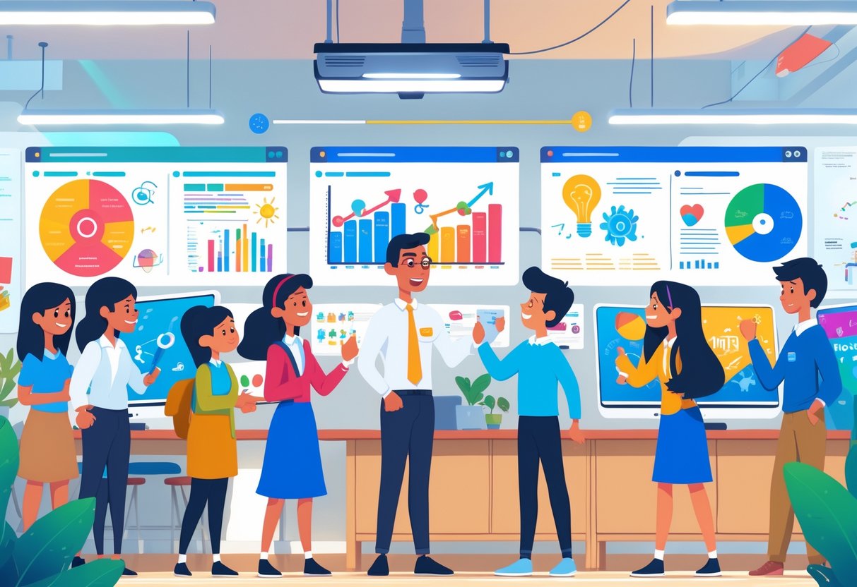 Educational Animations: Guide to Creating Engaging Learning Content LearningMole A classroom scene with a teacher and students interacting with colourful animated educational content on screens and tablets, showing active learning and engagement.