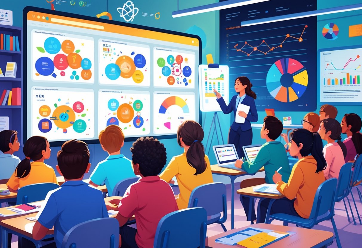 Educational Animations: Guide to Creating Engaging Learning Content LearningMole A group of students watching educational animations on a large screen while a teacher analyses data on a tablet in a classroom.