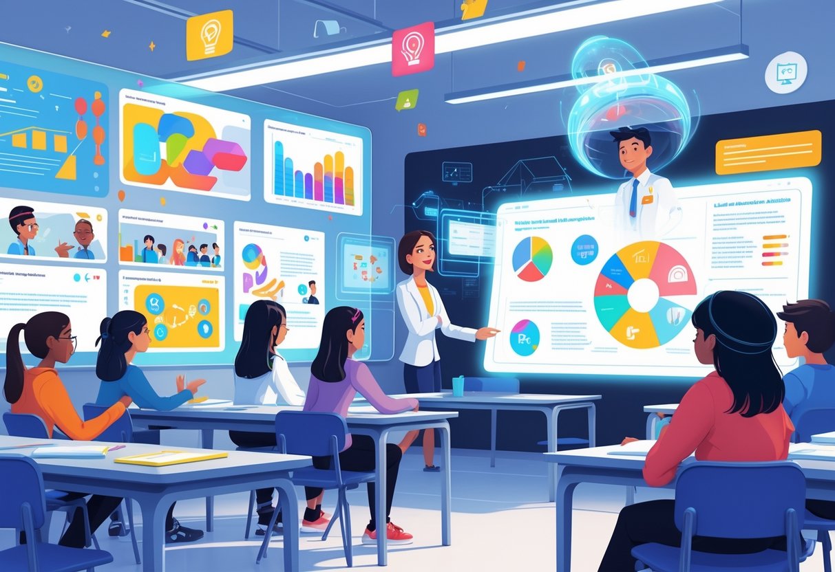 Educational Animations: Guide to Creating Engaging Learning Content LearningMole A modern classroom where students interact with digital screens and holographic educational animations while a teacher guides them using a transparent touchscreen board.