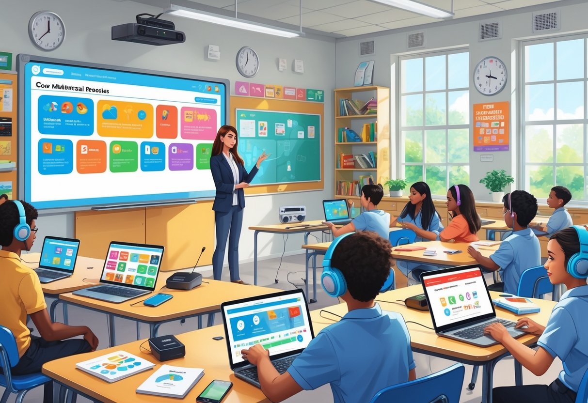 Multimedia Teaching Resources: Strategies, Tools, and Best Practices LearningMole A classroom with students using digital whiteboards, tablets, laptops, and headphones while a teacher leads the lesson.