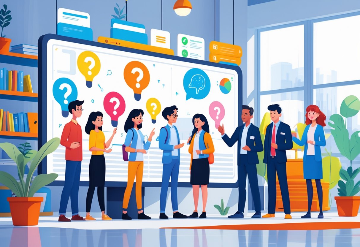 Educational Animations: Guide to Creating Engaging Learning Content LearningMole A group of people gathered around a digital screen with question mark and light bulb icons in a classroom setting, engaged in learning and discussion.