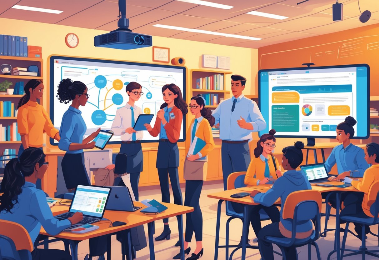 Multimedia Teaching Resources: Strategies, Tools, and Best Practices LearningMole A group of teachers and students working together in a classroom with multimedia devices like tablets, laptops, and a large screen, showing collaboration and problem-solving during a digital lesson.