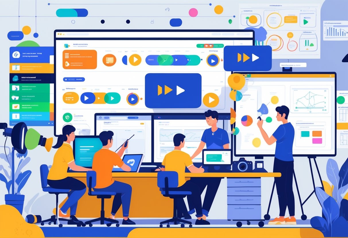 Instructional Videos: Guide to Formats, Creation & Engagement LearningMole A team working together in a bright studio with screens showing video editing and interactive graphics, surrounded by multimedia equipment and storyboard sketches.