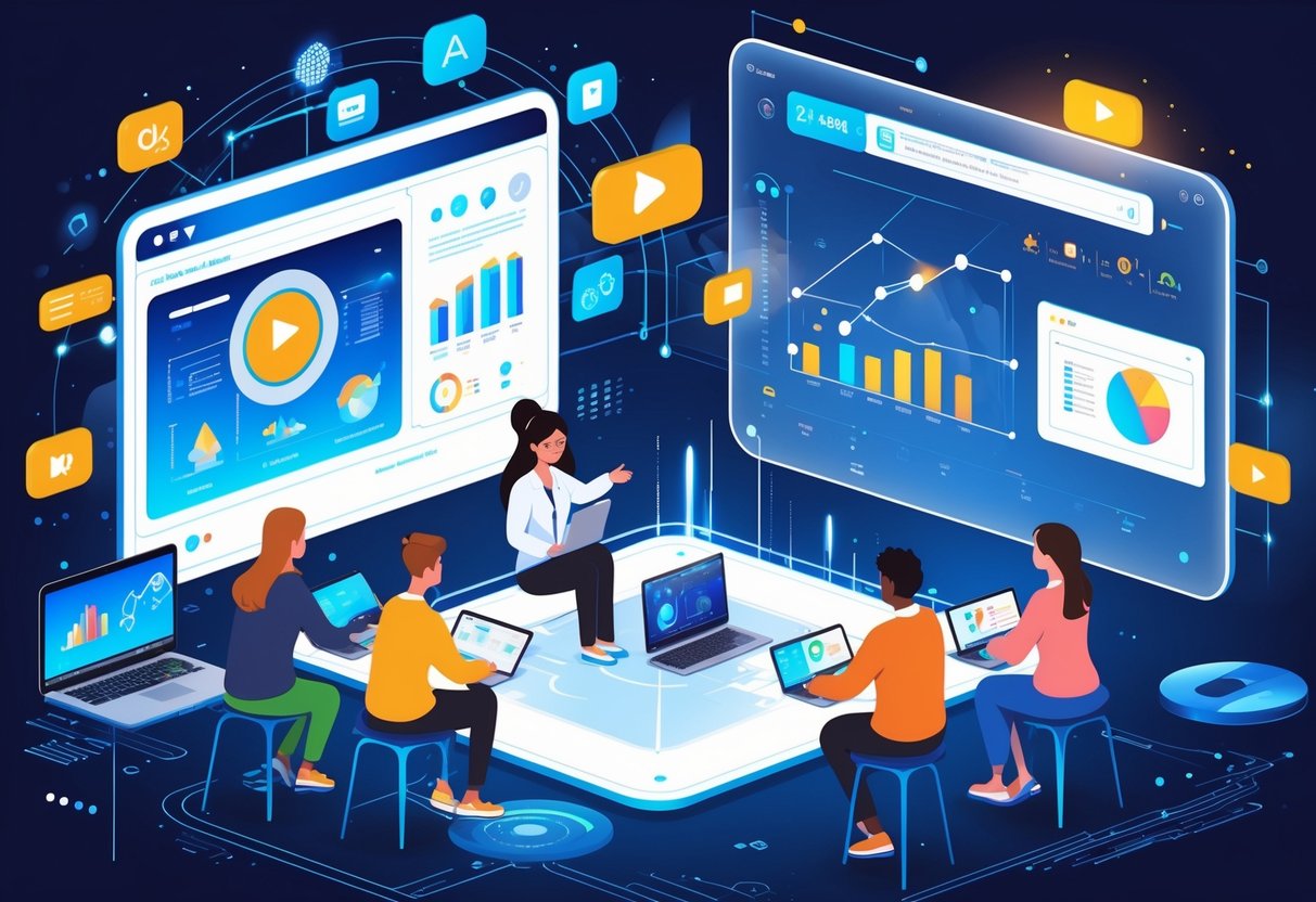 Instructional Videos: Guide to Formats, Creation & Engagement LearningMole A digital classroom with diverse learners using tablets, laptops, and VR headsets, interacting with holographic instructional video content and a remote instructor guiding them through a transparent digital interface.