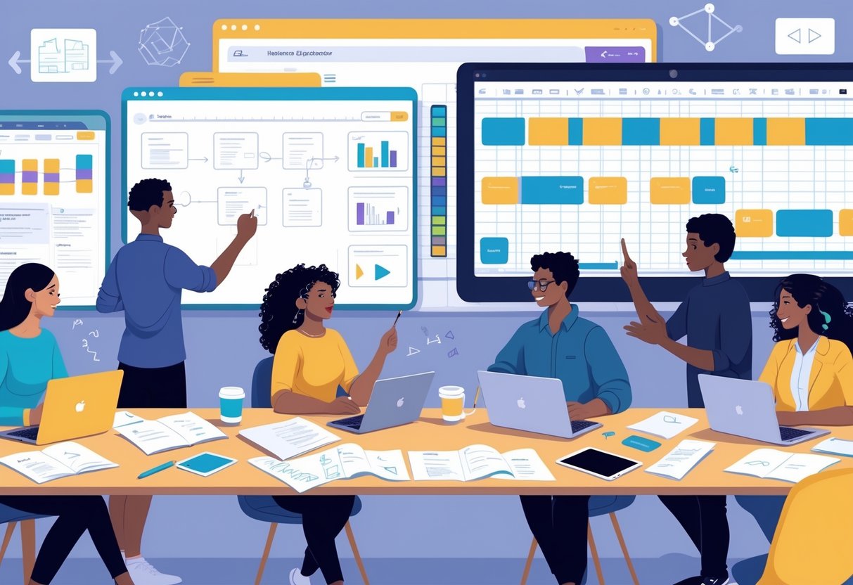 Flipped Classroom Videos: Ultimate Guide to Creating Engaging Lessons LearningMole Several educators working together around a table with laptops, notebooks, and a whiteboard filled with diagrams and video storyboards, planning flipped classroom videos.