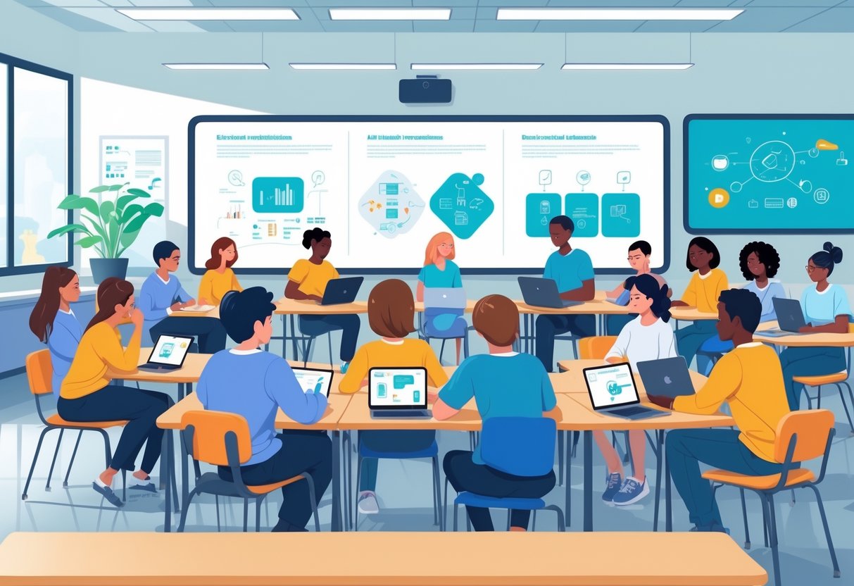 Flipped Classroom Videos: Ultimate Guide to Creating Engaging Lessons LearningMole Learners in a bright room watching educational videos on laptops and tablets, some taking notes and discussing in small groups.