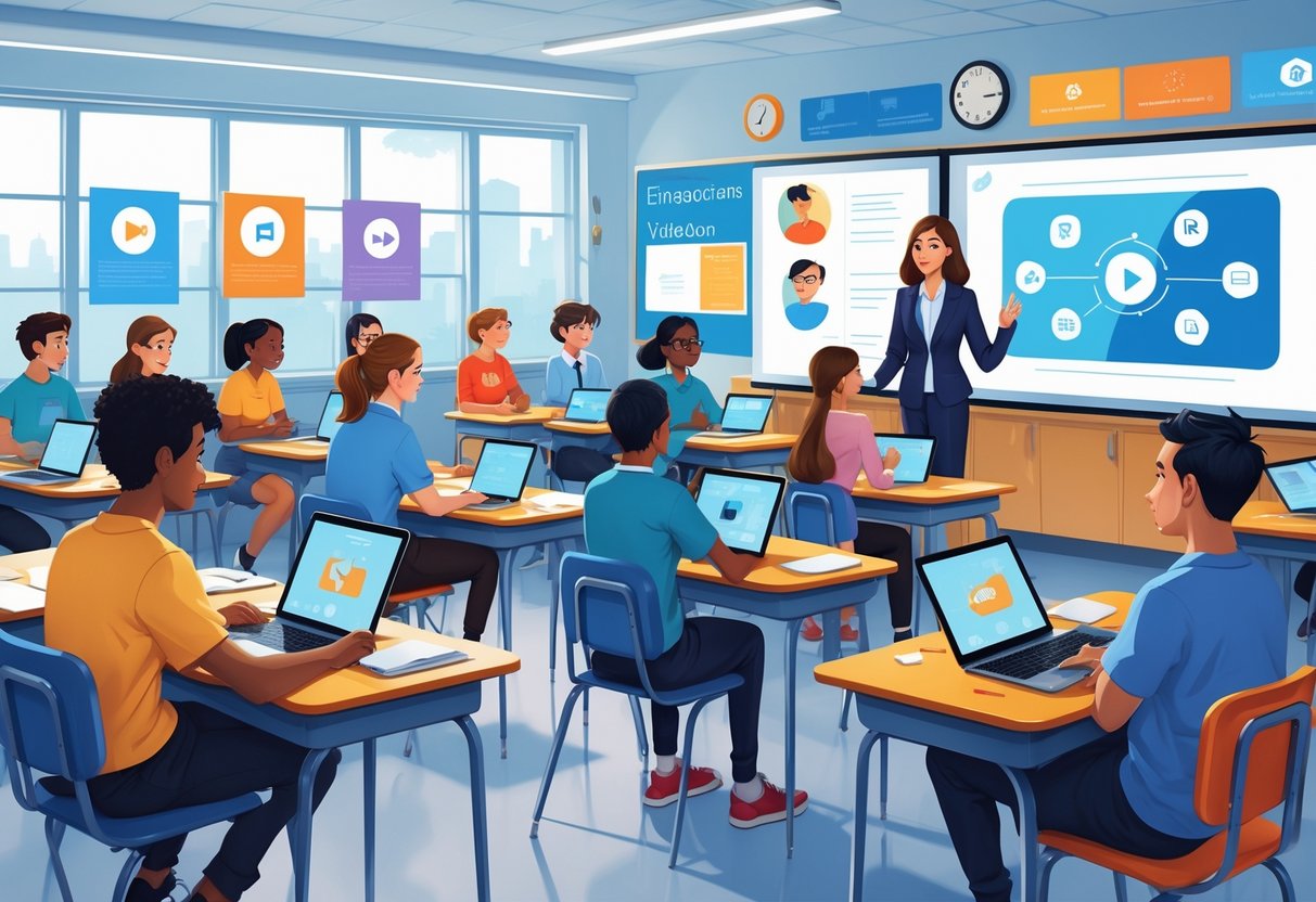 Flipped Classroom Videos: Ultimate Guide to Creating Engaging Lessons LearningMole A classroom with students using laptops and tablets to watch educational videos while a teacher encourages discussion.