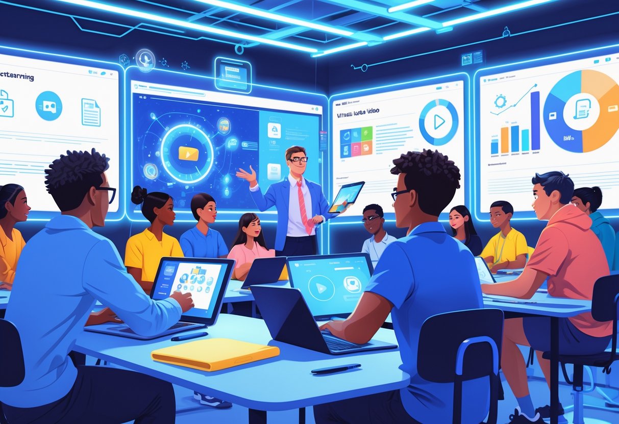 Flipped Classroom Videos: Ultimate Guide to Creating Engaging Lessons LearningMole A group of students using tablets and laptops in a bright classroom with holographic screens showing educational videos while a teacher guides them using augmented reality tools.