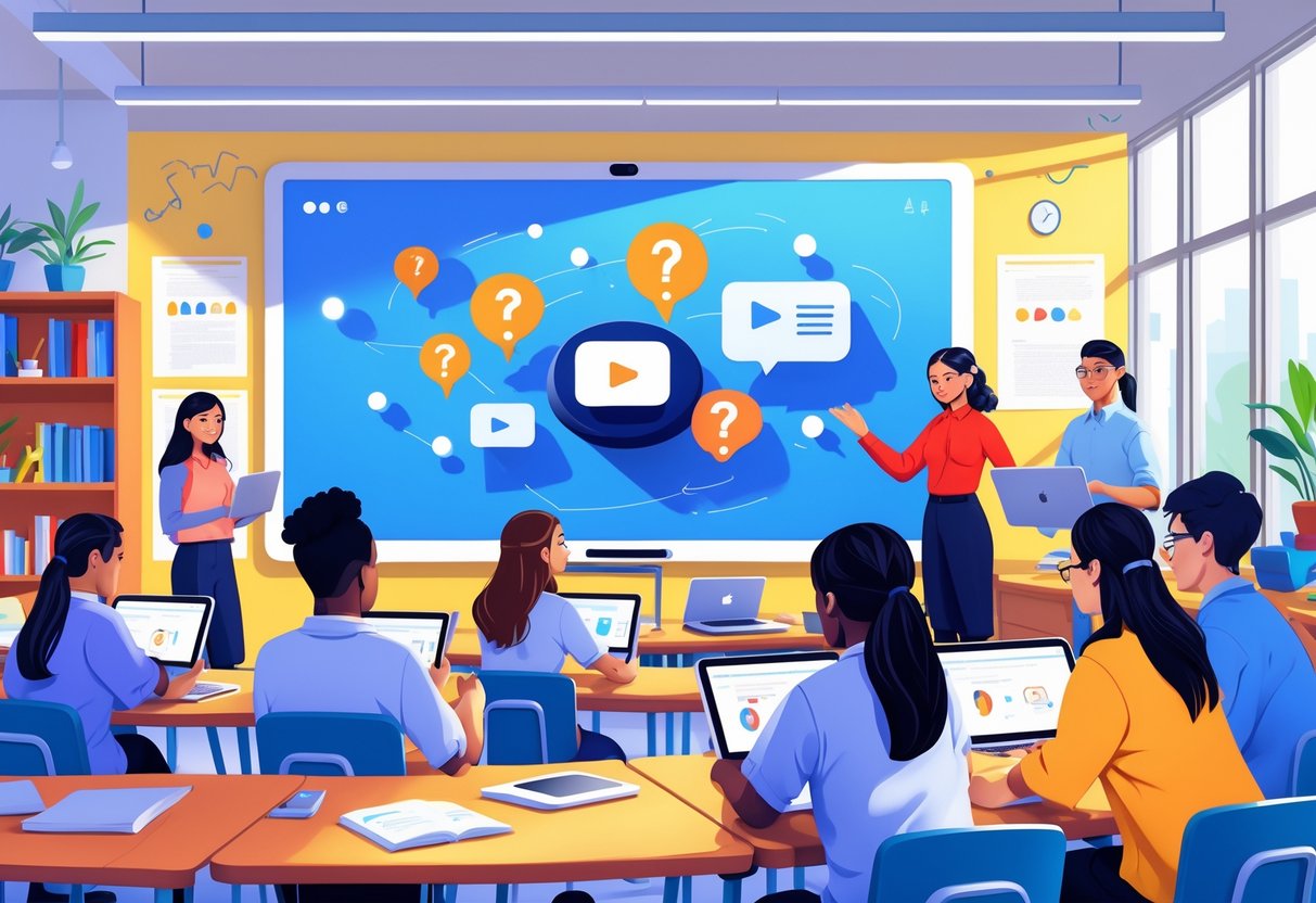 Flipped Classroom Videos: Ultimate Guide to Creating Engaging Lessons LearningMole Students using tablets and laptops in a classroom watching educational videos while a teacher guides them, with icons representing questions and video playback around them.