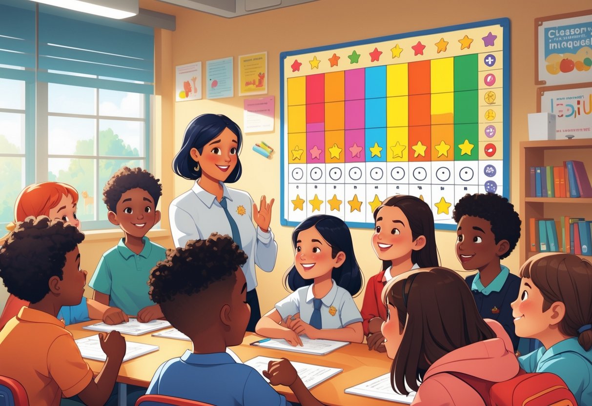 Behaviour Charts: Effective Tools for Positive Child Behaviour LearningMole A teacher interacting positively with young students in a classroom with a colourful behaviour chart on the wall showing progress symbols.