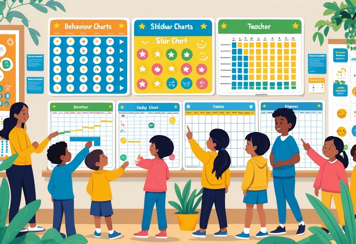 Behaviour Charts: Effective Tools for Positive Child Behaviour LearningMole Children and a teacher interacting with colourful behaviour charts displayed on a classroom wall.