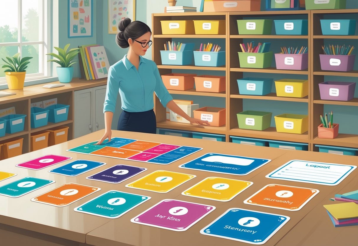 Classroom Labels: Essential Guide for Organising Your Classroom LearningMole A classroom scene showing a person examining colourful labels on a table with shelves of labelled storage bins in the background.