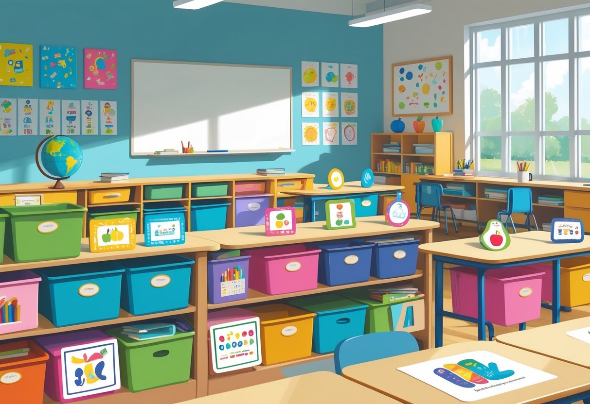Classroom Labels: Essential Guide for Organising Your Classroom LearningMole A bright classroom with colourful labels on desks, shelves, and storage bins, featuring educational icons and organised learning materials.