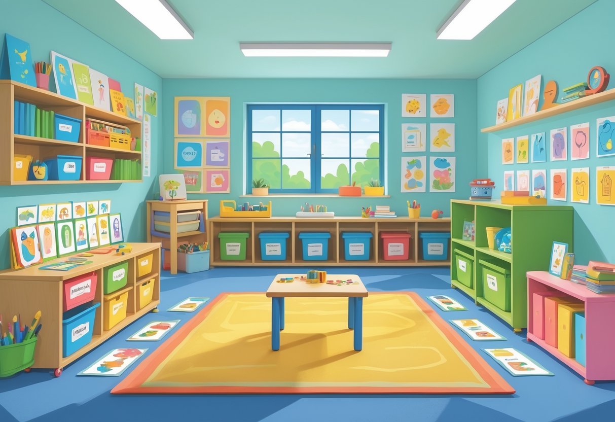 Classroom Labels: Essential Guide for Organising Your Classroom LearningMole A colourful and organised classroom with labelled shelves and bins showing icons for books, toys, and art supplies, designed for young children and special educational needs students.