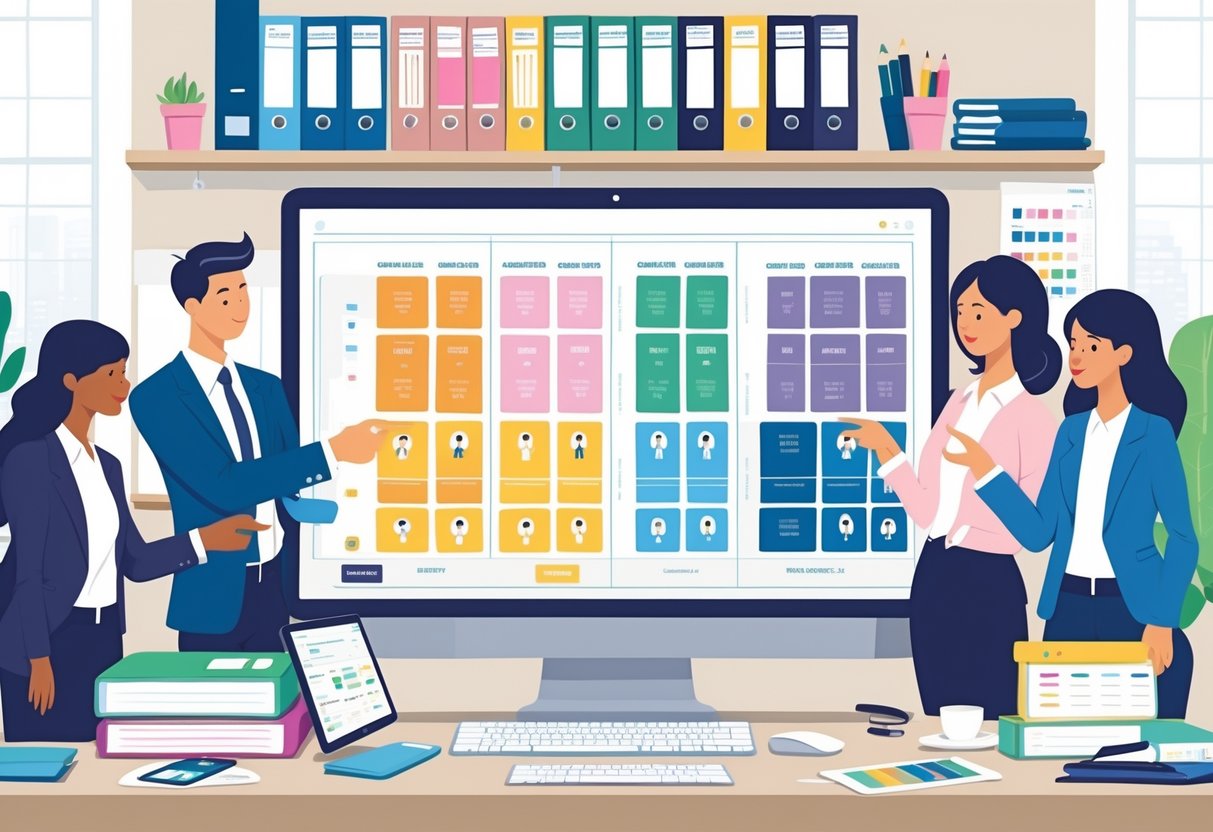 Seating Plan Templates: The Ultimate Guide for Effortless Arrangements LearningMole A group of professionals working together at a desk with digital seating charts displayed on a laptop and tablet, arranging seating plans in a well-organised office space.