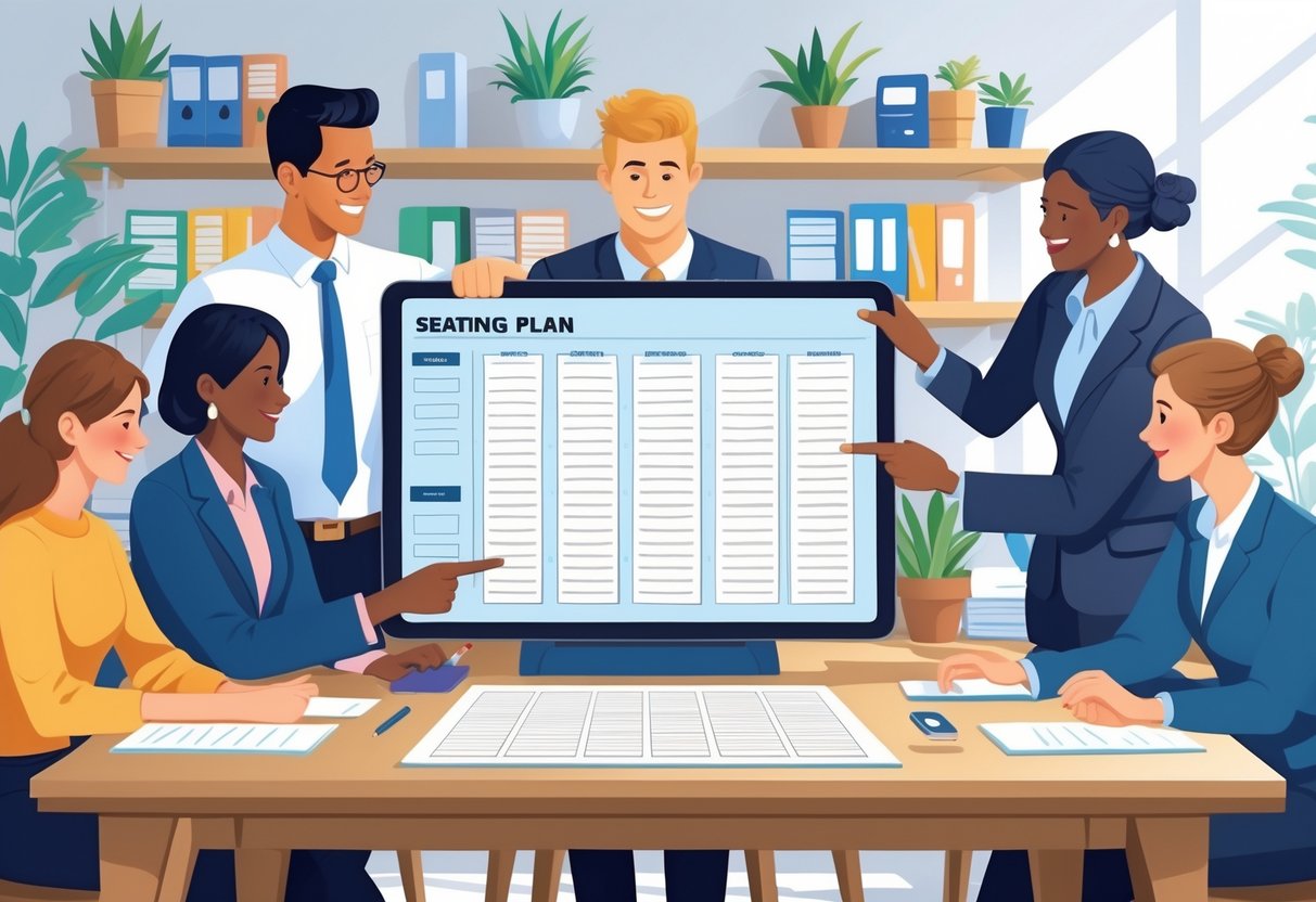 Seating Plan Templates: The Ultimate Guide for Effortless Arrangements LearningMole People gathered around a desk looking at a seating plan template displayed on a tablet, discussing seat arrangements in a tidy office or classroom.