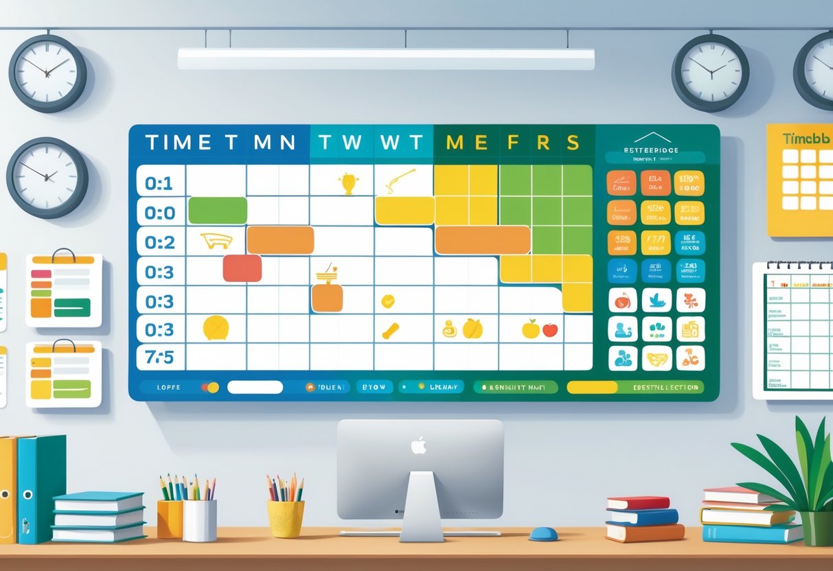 A visual timetable chart on a wall showing different times of day with icons representing activities like lessons, breaks, and meals, surrounded by clocks and calendars.