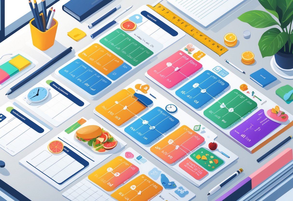 A desk with colourful visual timetable charts showing daily activities represented by icons and organised time blocks.