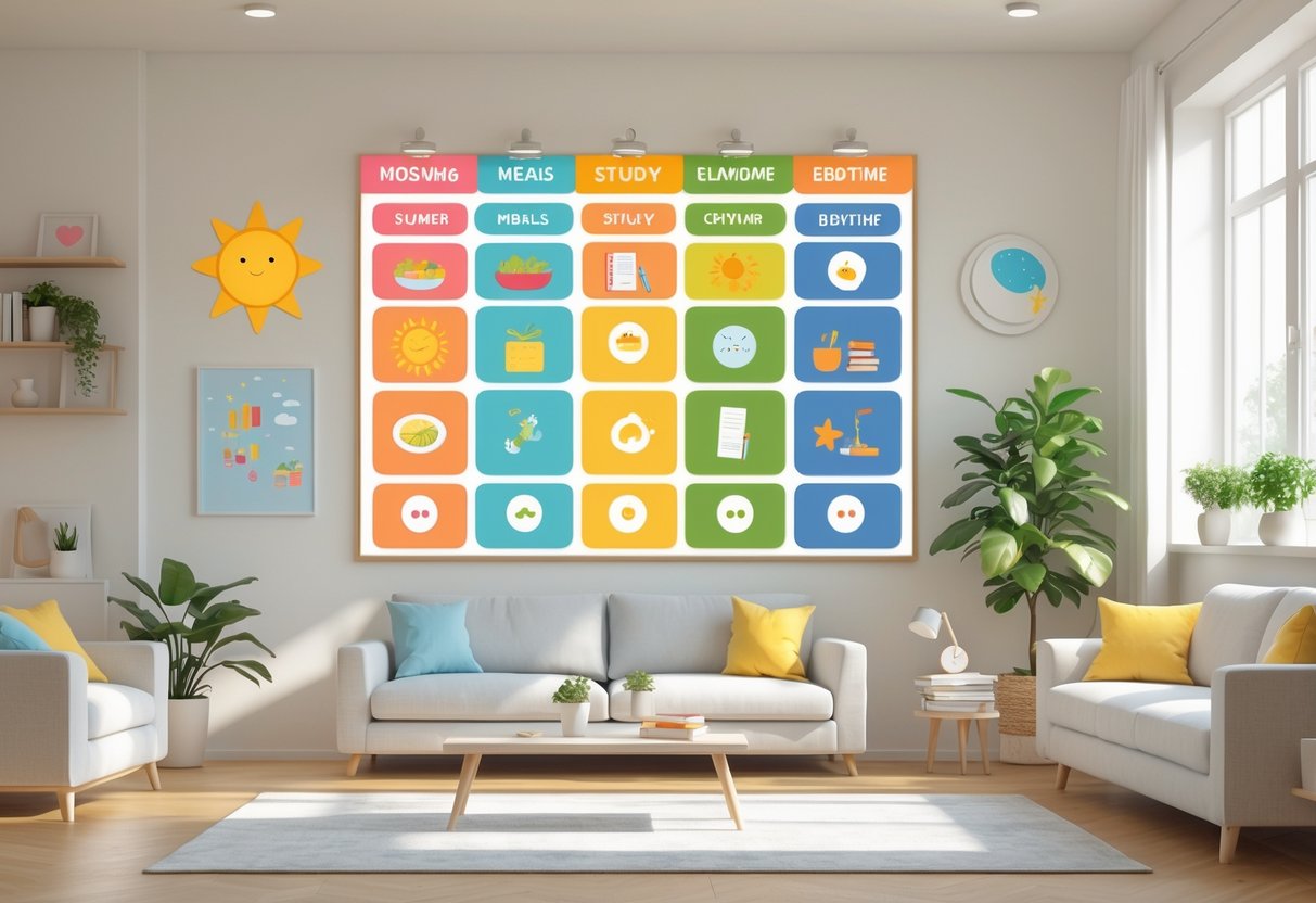 A home visual timetable showing colourful sections with icons representing daily activities, displayed on a wall in a bright living room with a sofa and a plant nearby.