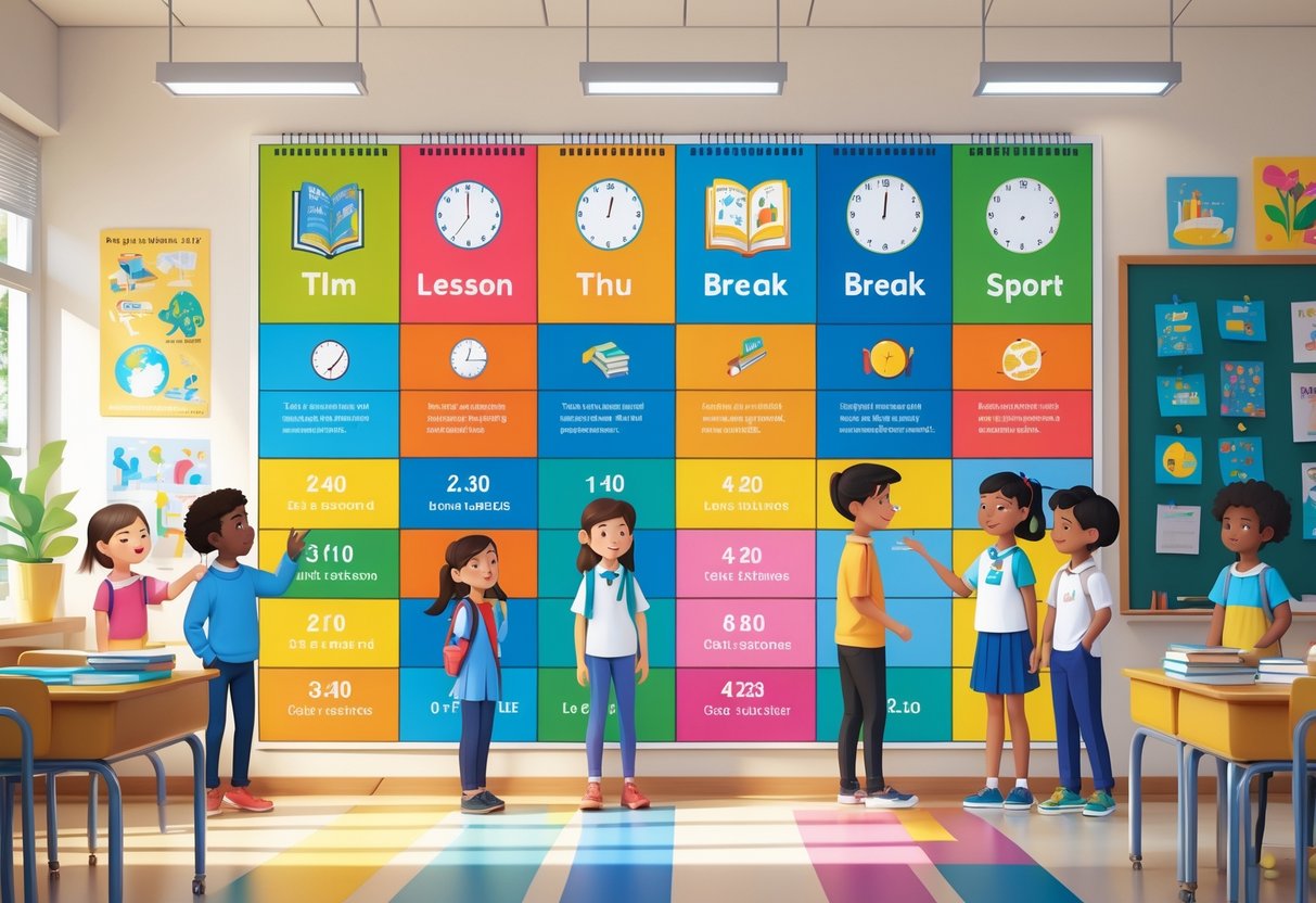 A classroom with a large colourful visual timetable on the wall, children looking at it and a teacher standing nearby.