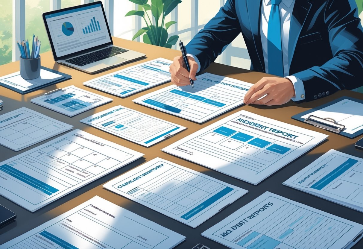 Incident Report Forms: Essential Elements, Templates & Best Practices LearningMole A person reviewing incident report forms and documents on an office desk with a laptop and calendar nearby.