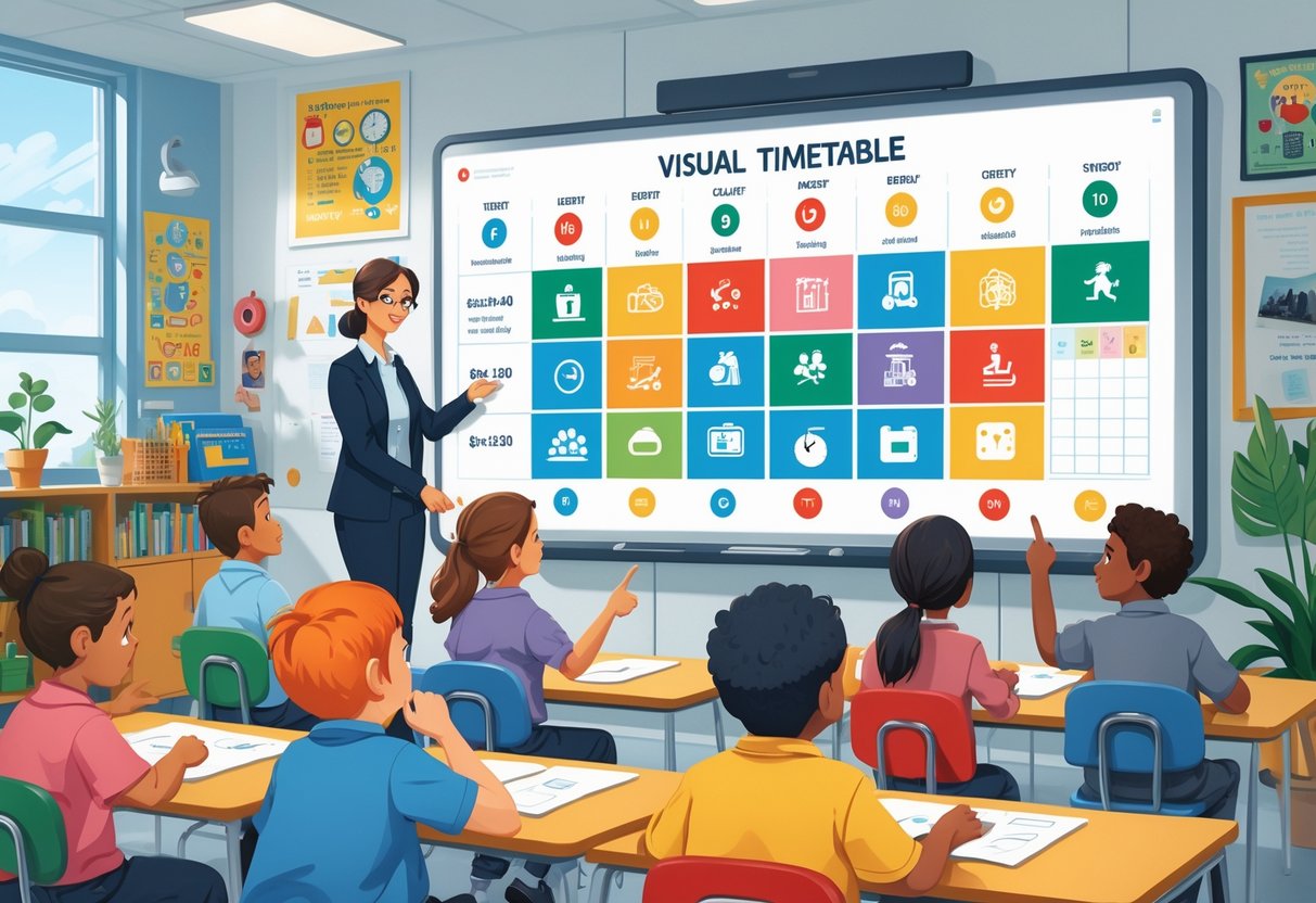 A teacher showing a colourful visual timetable to a group of attentive students in a bright classroom.