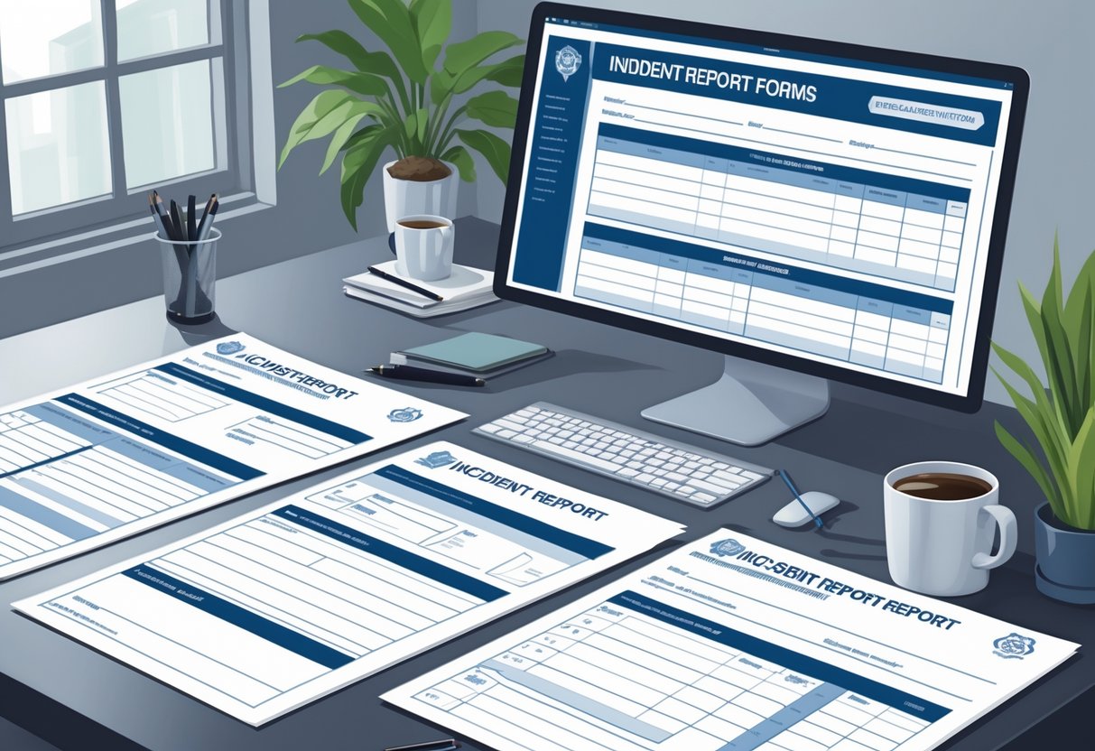 Incident Report Forms: Essential Elements, Templates & Best Practices LearningMole A tidy office desk with several incident report forms, a pen, and a computer screen showing a report template.