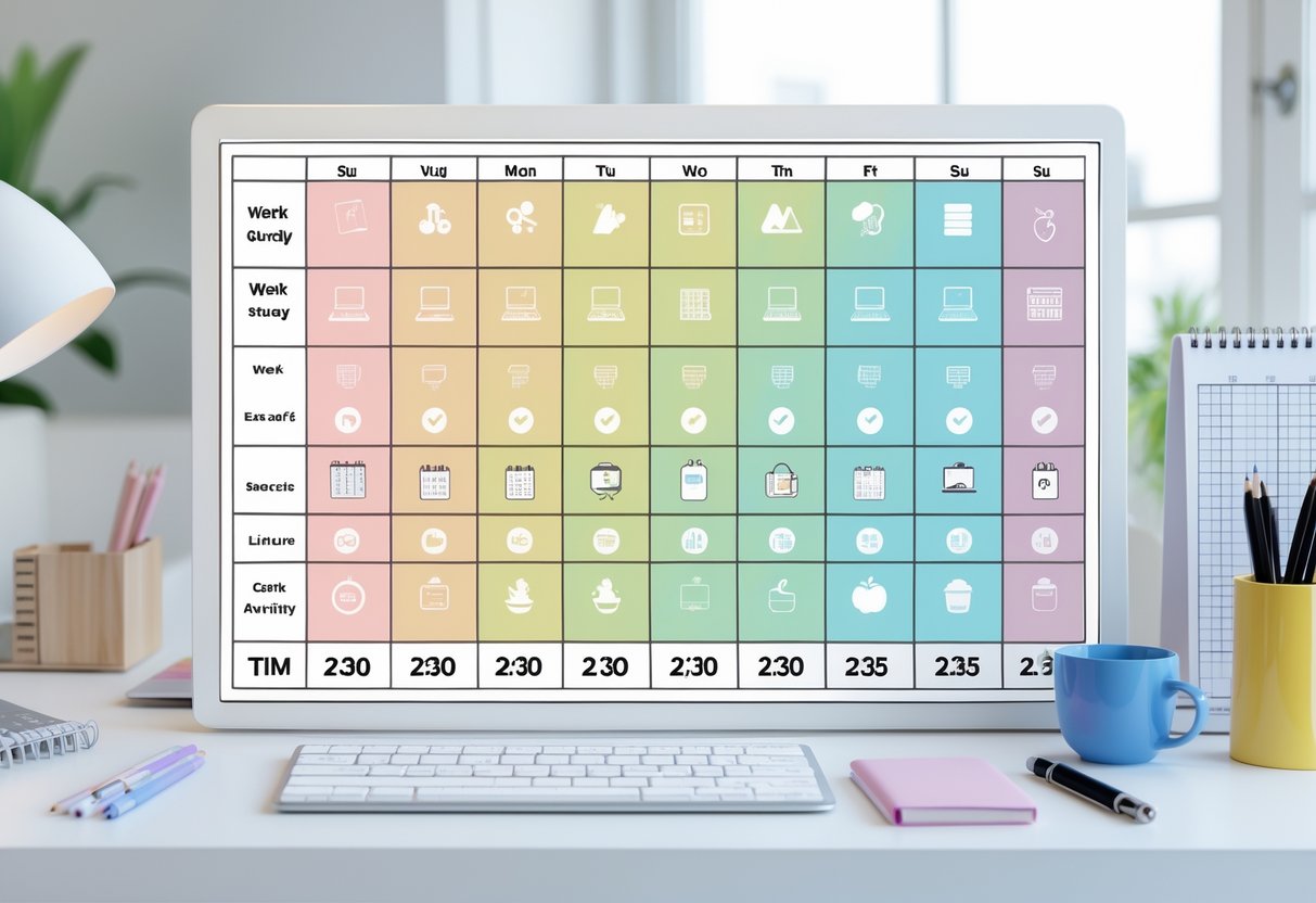 A weekly timetable grid with colourful icons representing different activities arranged neatly on a desk with stationery and natural light.