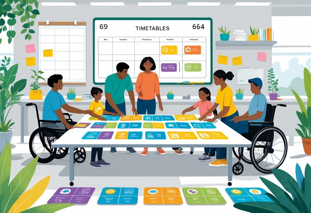 People of different ages and abilities working together around a table arranging colourful visual timetable cards in a bright, organised workspace.