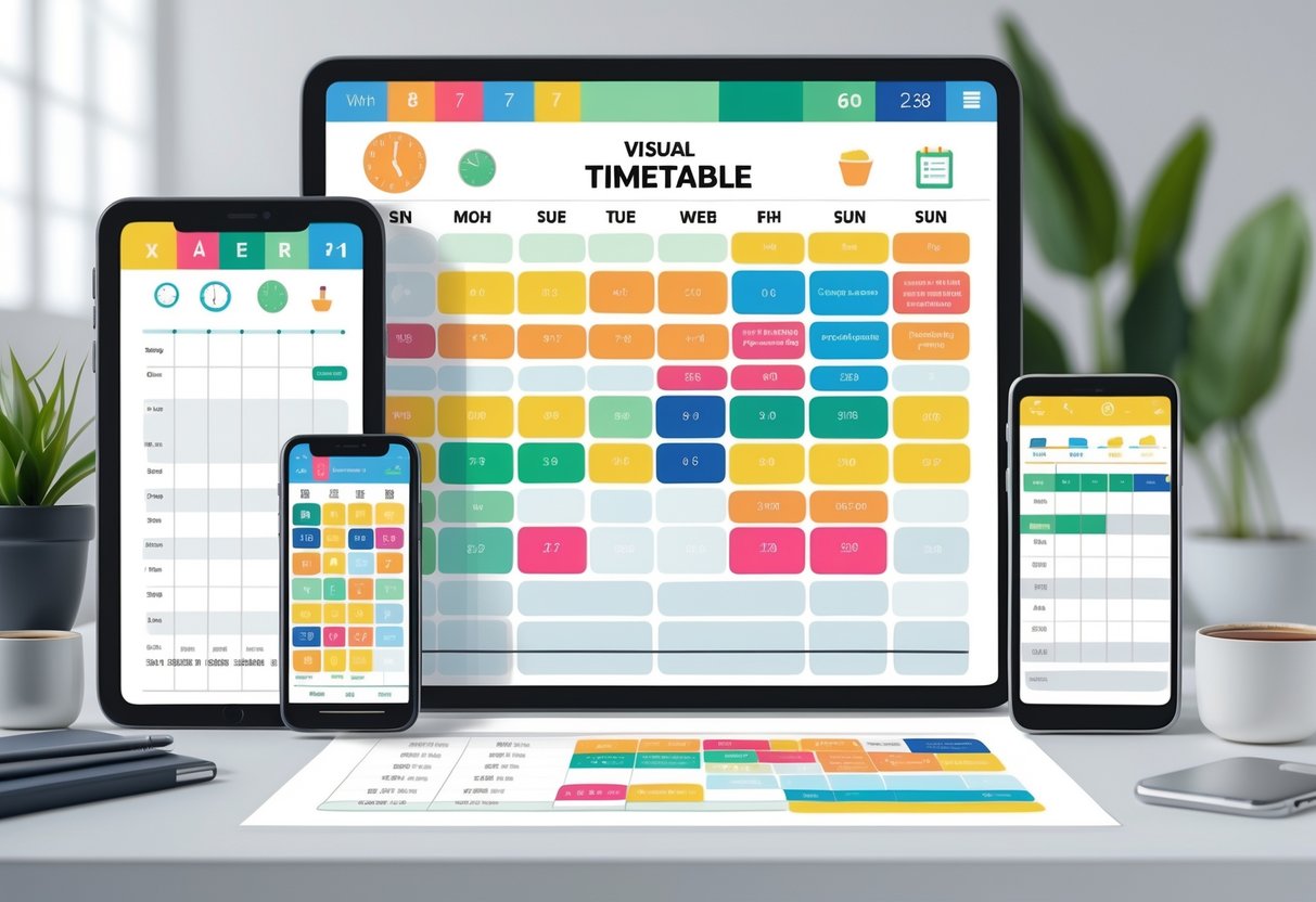 A digital and printed visual timetable shown on a tablet, smartphone, and printed paper with colourful blocks representing scheduled activities.