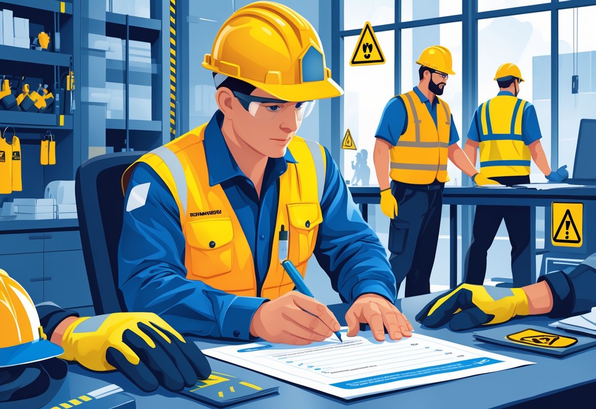 Incident Report Forms: Essential Elements, Templates & Best Practices LearningMole A safety officer completing an incident report form at a desk surrounded by safety equipment, with workers wearing protective gear in the background.