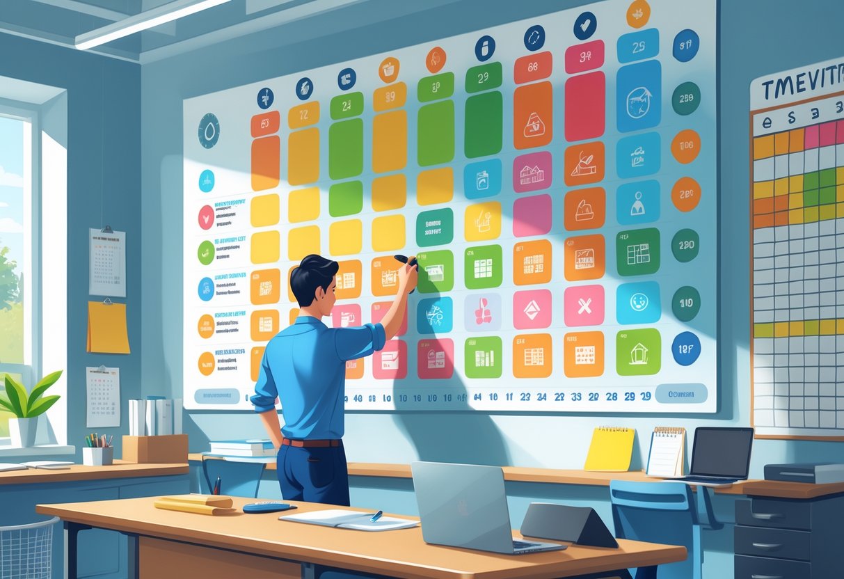 A person updating a colourful visual timetable on a wall in a tidy office or classroom setting.