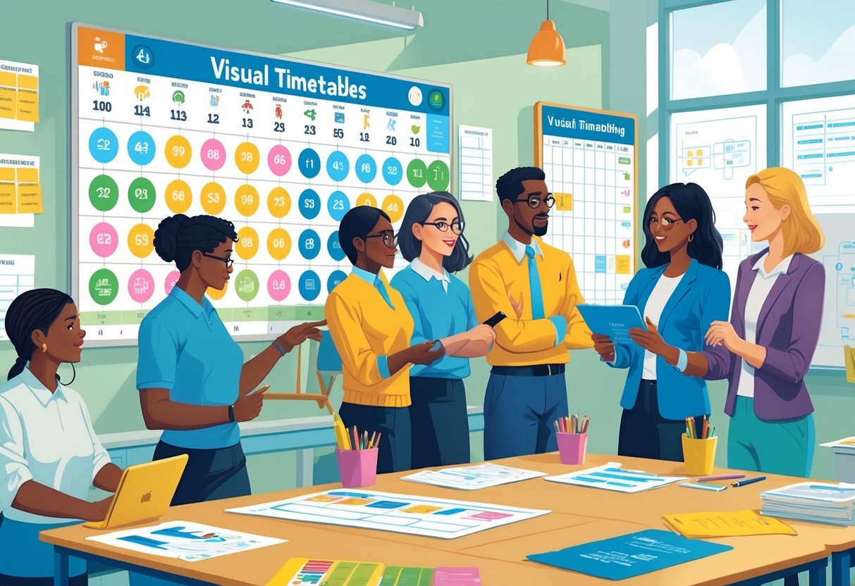 A group of educators working together around a colourful visual timetable in a classroom, discussing ways to improve it using charts and digital tools.