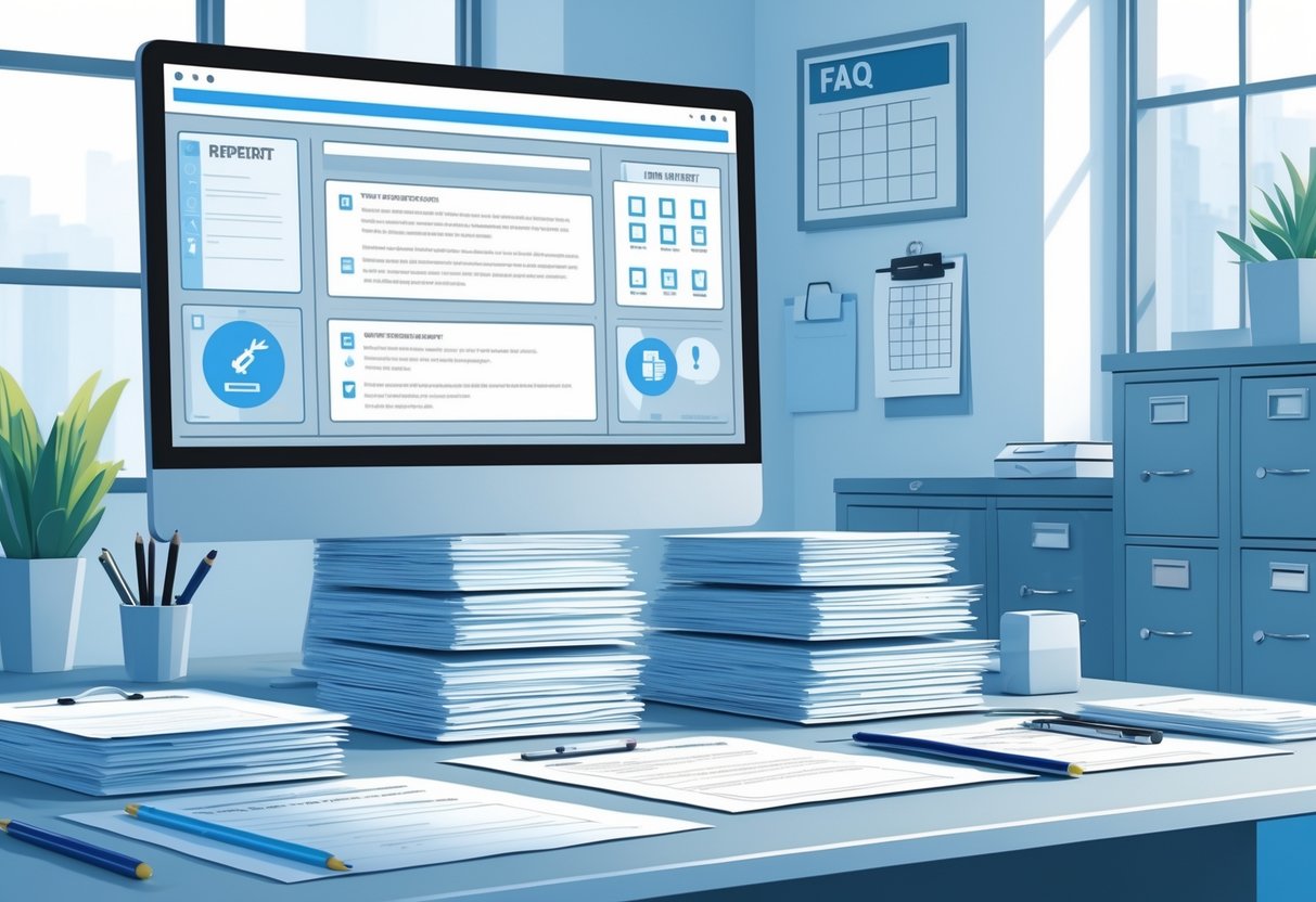 Incident Report Forms: Essential Elements, Templates & Best Practices LearningMole A tidy office desk with incident report forms, clipboards, and a computer showing a question and answer interface, surrounded by office items like a calendar and filing cabinet.