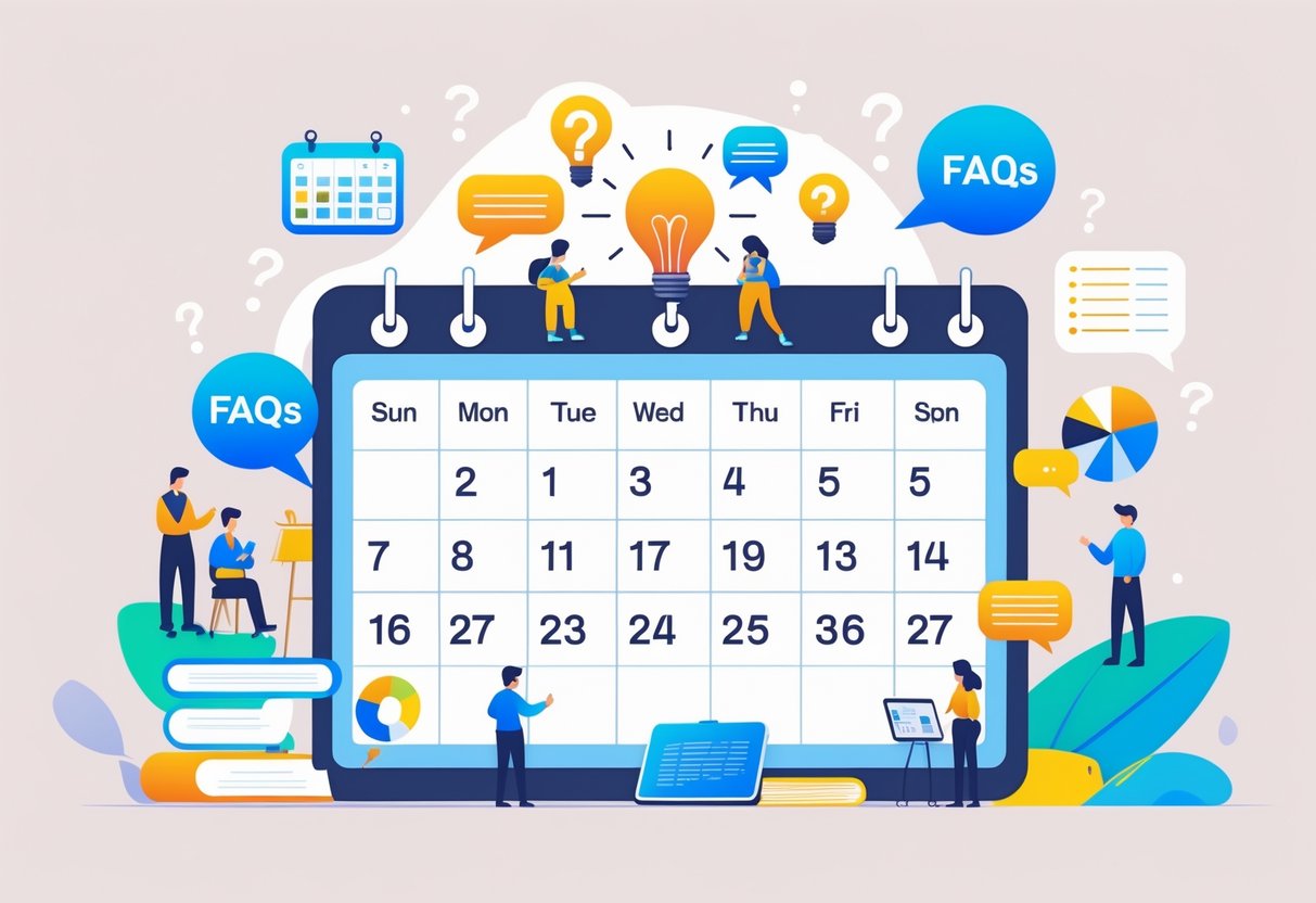 A clear visual timetable with icons representing questions and activities, surrounded by people interacting and consulting devices.