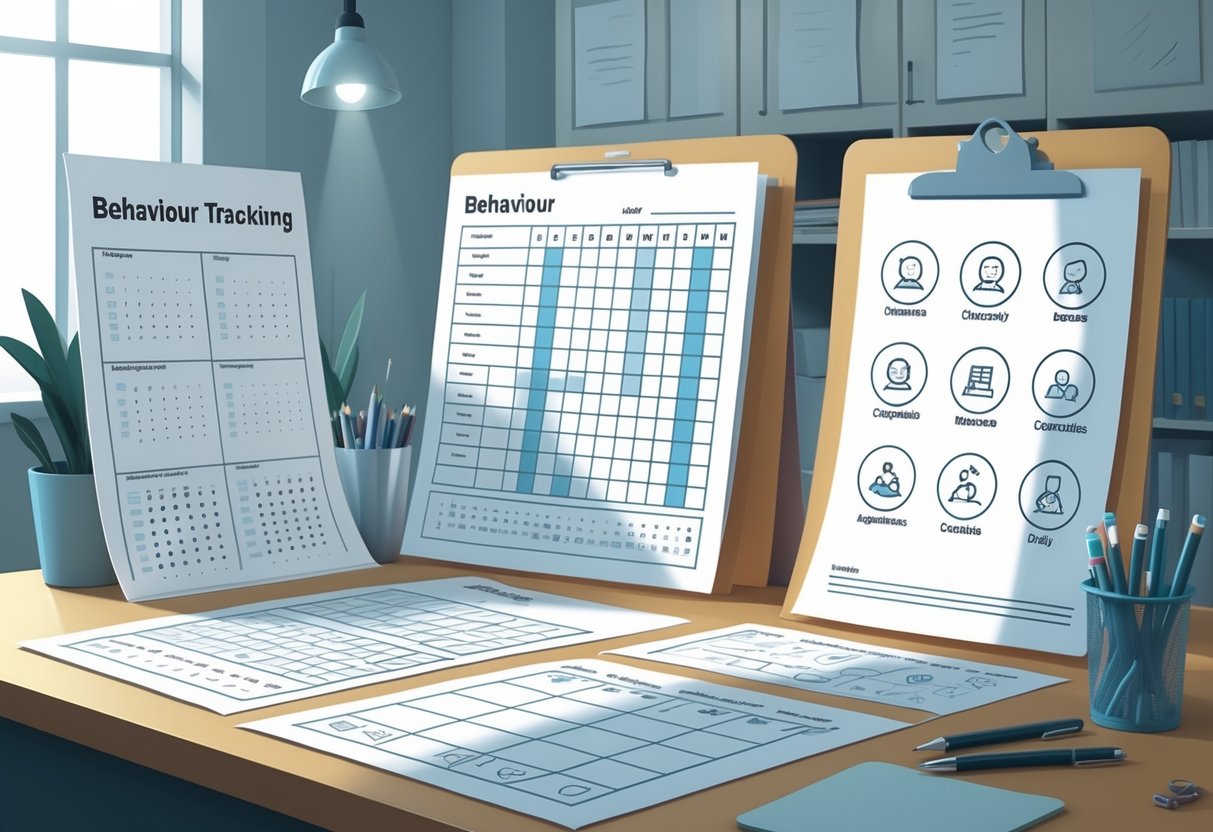 A desk with several behaviour tracking sheets showing different layouts and icons, along with pens and a clipboard in an office or classroom setting.