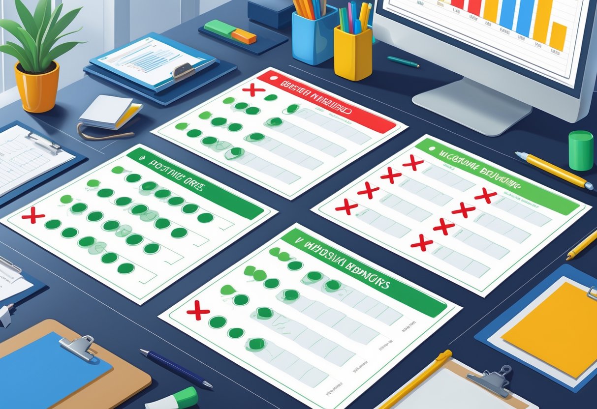 A desk with behaviour tracking sheets divided into positive and negative sections, office supplies, and a computer showing charts.