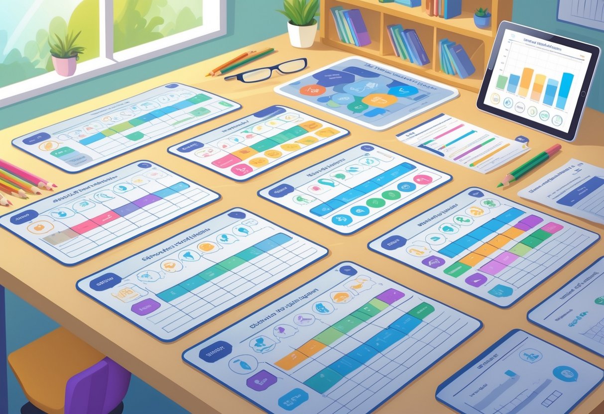 A desk with behaviour tracking sheets, educational tools, and a classroom background showing a calm and organised environment.