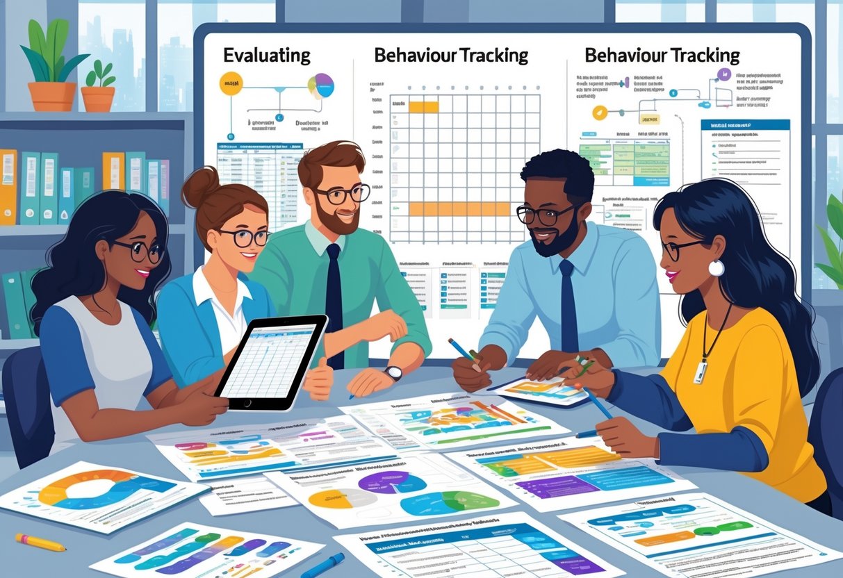 A group of educators and psychologists working together around a table with behaviour tracking sheets and charts in a bright office.