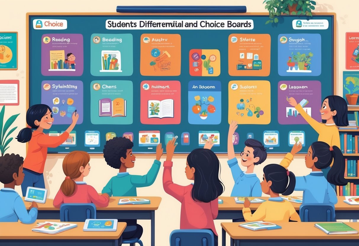 A classroom with diverse students choosing activities from colourful boards and tablets, supported by a teacher in a bright and welcoming learning space.