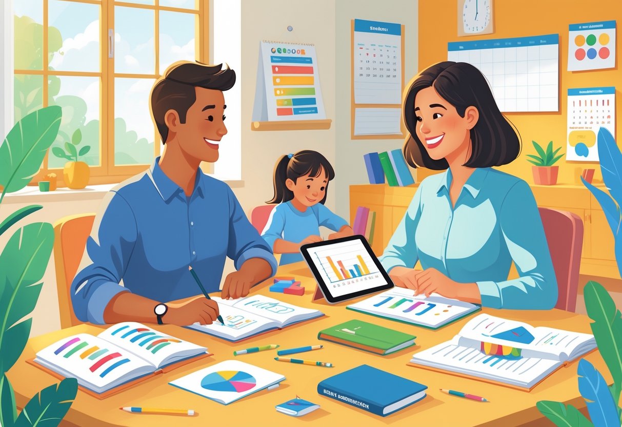 Home School Communication: Building Meaningful Partnerships That Last LearningMole A parent and teacher talking at a table with educational materials while a child works on a creative activity nearby.