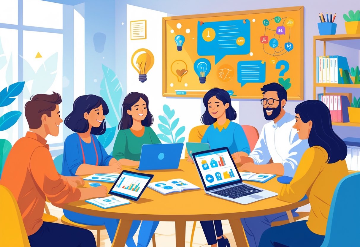 Home School Communication: Building Meaningful Partnerships That Last LearningMole A group of parents and teachers talking around a table with notebooks and tablets in a bright room, showing a friendly home-school communication setting.