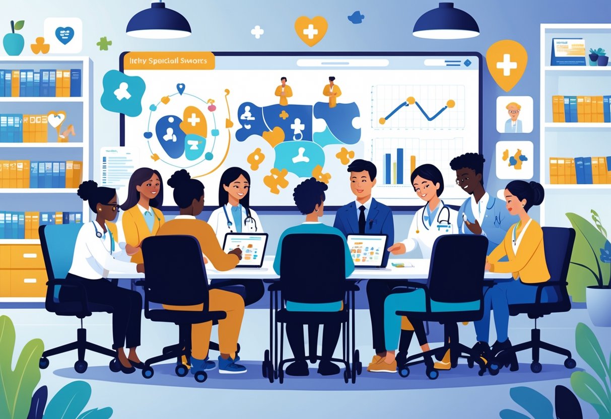 Special Needs Resources: Essential Support for Families and Children LearningMole A group of diverse professionals meeting around a table, discussing and sharing resources to support special needs.