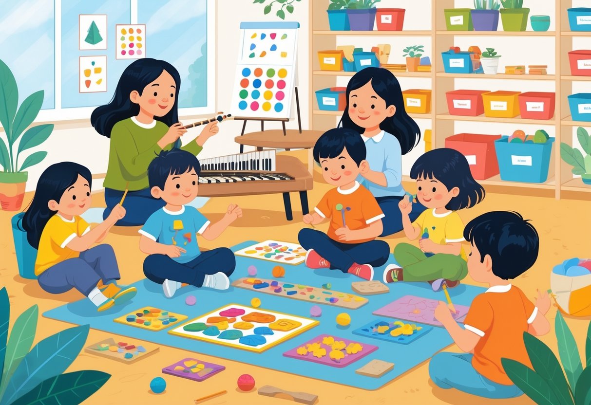 Sensory Learning Resources: Comprehensive Guide to Strategies & Activities LearningMole A group of children interacting with various sensory learning materials like textured objects, musical instruments, colourful charts, and food samples in a bright classroom with a teacher guiding them.