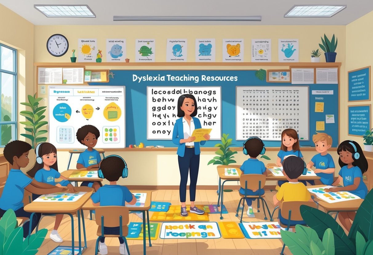 Dyslexia Teaching Resources: Guide for Parents and Educators LearningMole A teacher helps young students in a bright classroom with colourful learning tools and materials designed to support children with dyslexia.