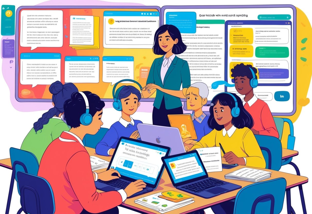 Dyslexia Teaching Resources: Guide for Parents and Educators LearningMole A teacher helping a group of children using tablets and laptops with special software in a bright classroom designed to support dyslexia learning.