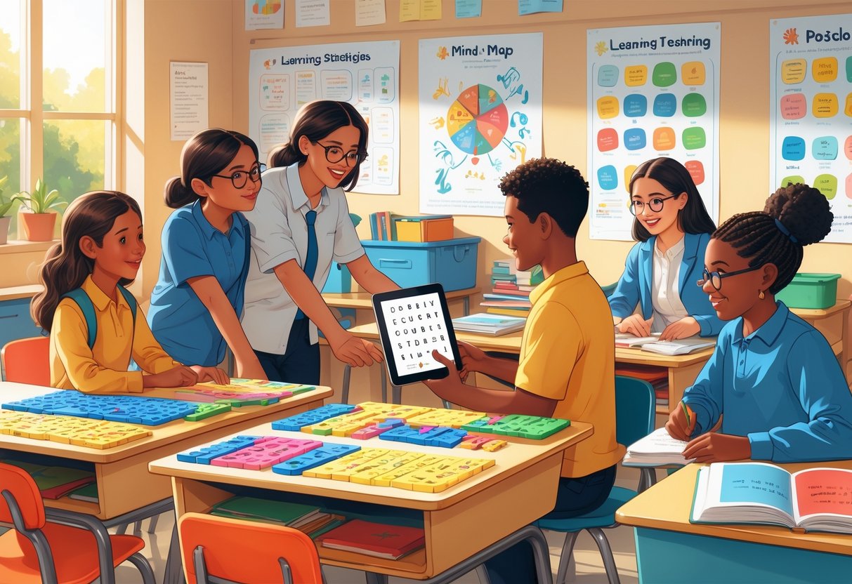 Dyslexia Teaching Resources: Guide for Parents and Educators LearningMole A classroom scene showing teachers and students using various dyslexia-friendly learning tools in an inclusive and supportive environment.