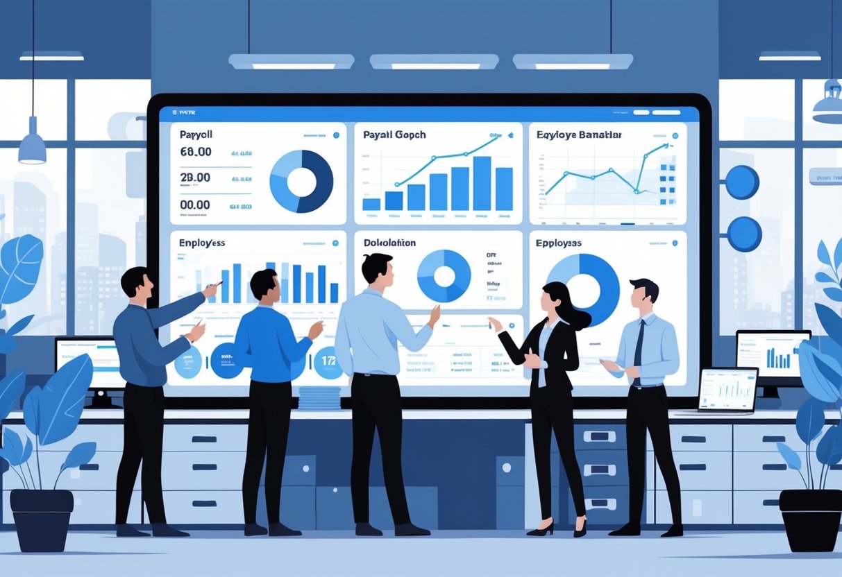 Support Strategies: Key Approaches for Effective Business Operations LearningMole A group of professionals working together in an office around digital screens showing payroll and employee data.